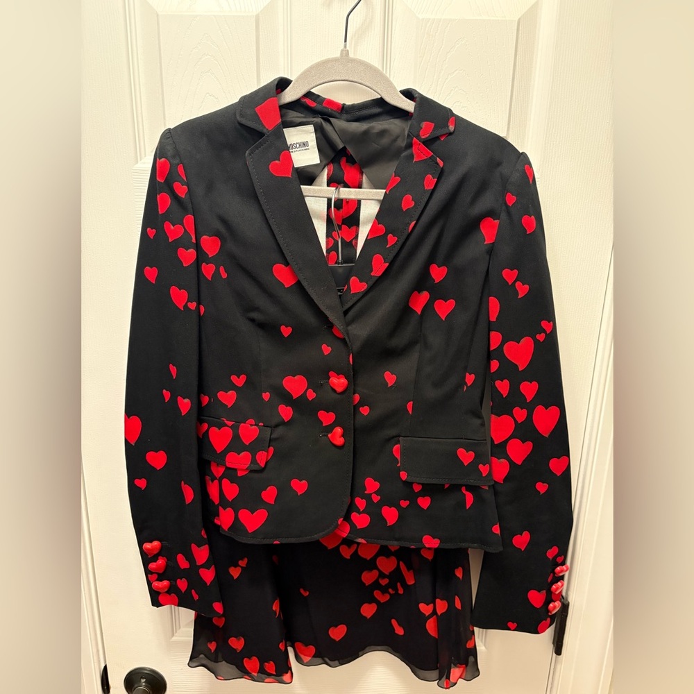 Vintage Moschino Cheap and Chic Black Jacket & Skirt with Red Heart Pattern